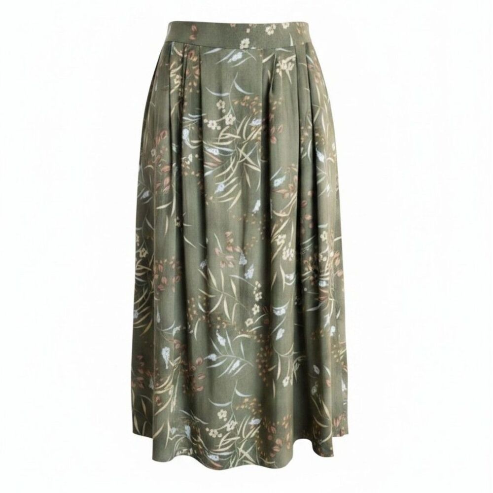 Bentley Green Floral Midi Skirt Elastic Waist Pockets Vintage Skirt